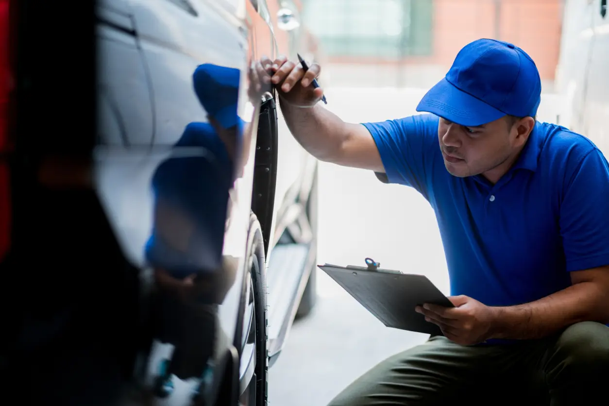 New Project(1) Man inspecting car with clipboard and pen.